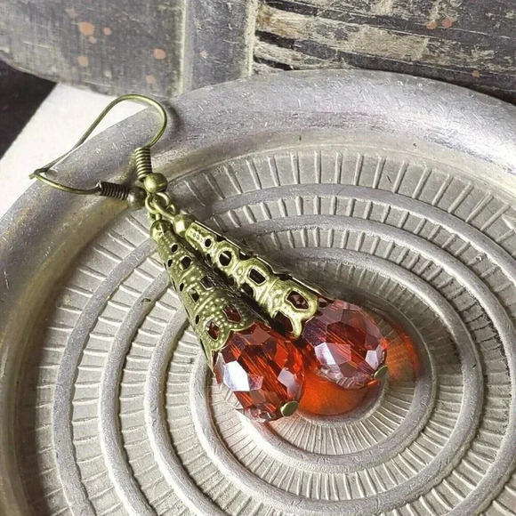 PinkDiva Jewelry - Faceted Ruby Red Luster Crystal Antique Bronze Filigree Teardrop Earrings